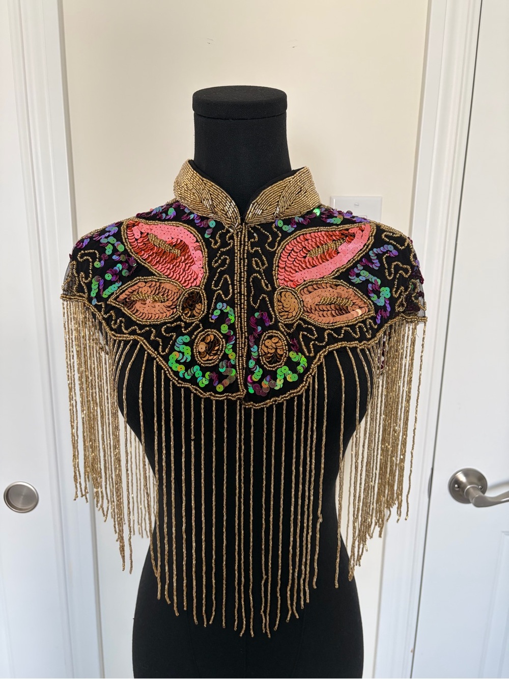 Handmade Beaded Fringe Butterfly Capelet Evening Wrap Gold Pink | One Size